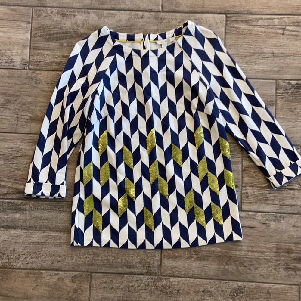Boden blue and white top with sequin details